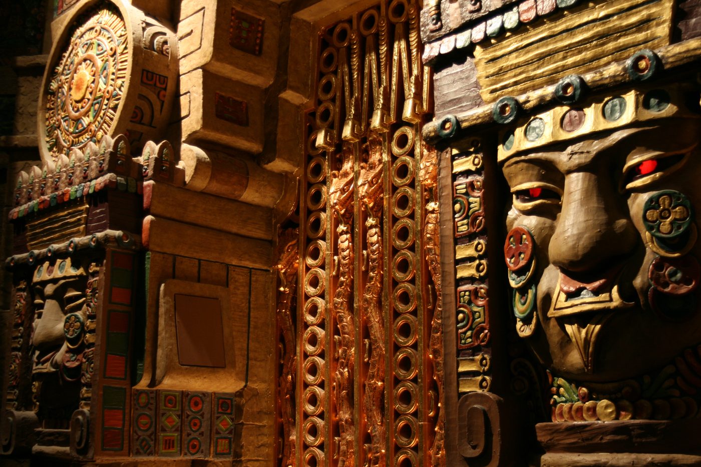 Meso-American carvings inside the Aztec Theatre